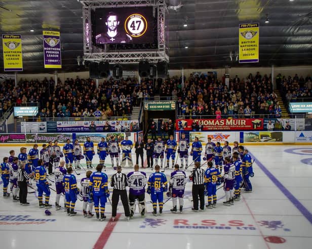 Glasgow Clan and Fife Flyers pay tribute to Adam Johnson (Pic: Derek Young)