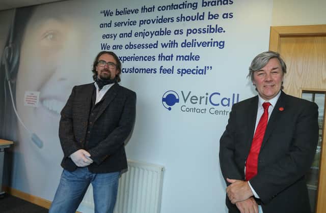 VeriCall signs new lease deal at Lomond House, John Smith Business Park, Kirkcaldy - Adam Taylor MD (left) , Cllr Altany Craik (right)