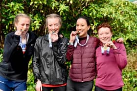 The Fife AC senior women's team of Megan Crawford, Jennifer Cruickshanks, Jenny Selman and Annabel Simpson won gold at the National Road Relays in Livingston (Photo: Bobby Gavin)