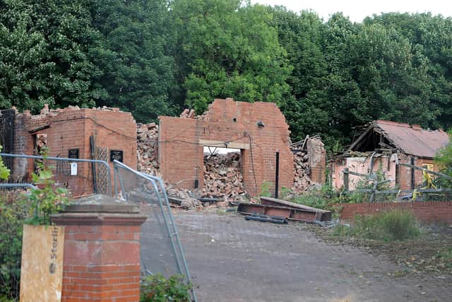 The last brickwork remains standing at the fire-ravaged Lundin Links Hotel, demolished over the weekend by specialist crews (Pic: Fife Photo Agency)