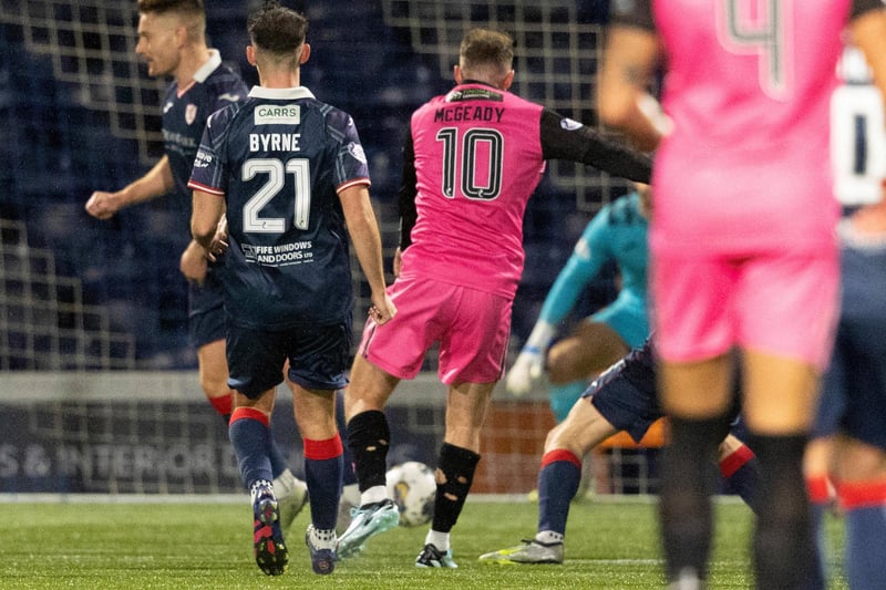 KIRKCALDY, SCOTLAND - DECEMBER 22: Ayr's Aiden McGeady (C) scores to make it 1-0 during a cinch Championship match between Raith Rovers and Ayr United at Stark's Park, on December 22, 2023, in Kirkcaldy, Scotland. (Photo by Mark Scates / SNS Group)