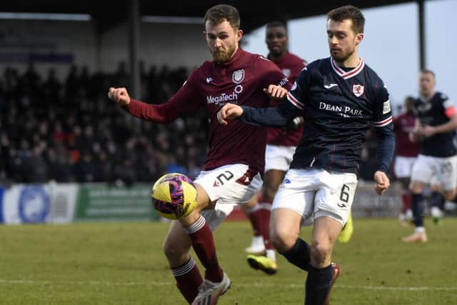 Brad Spencer battles for possession against Arbroath Pic by Alan Murray)