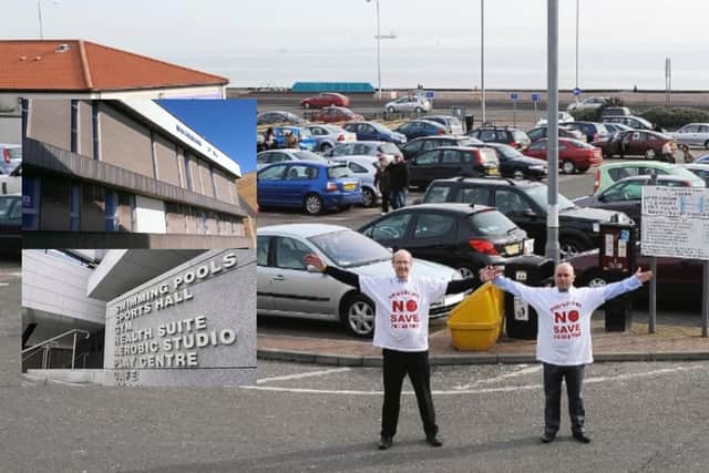 The campaign to save a key Kirkcaldy car park in 2012 - Alistair Cameron and Yosof Ewing, and (insets) the old pool and new leisure centre (Pics : Fife Free Press)
