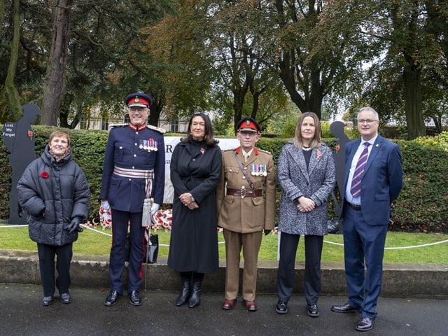 At the official opening are (from left), Cllr Judy Hamilton, Robert Balfour (Lord Lieutenant of Fife), Julie MacDougall MSP, Colonel Jim Kinloch, Melanie Ward MP, and Ray Davidson, Kirkcaldy branch of the Royal British Legion Scotland
