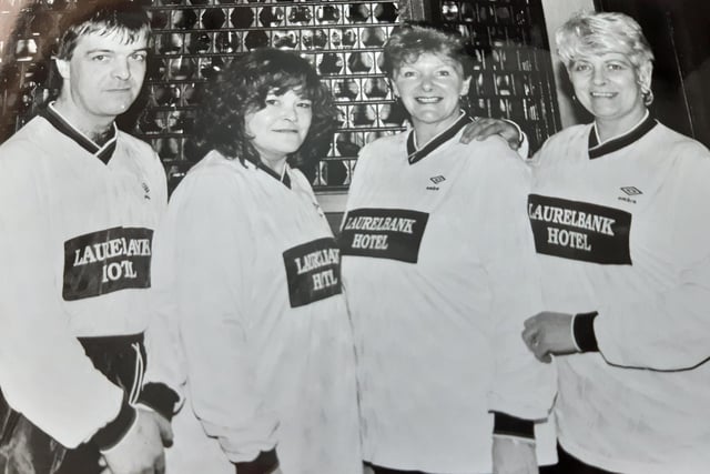 Bar staff from the Laurelbank Hotel pictured in 1998, ahead of a charity match - pictured are Dennis Allan, chef, with barmaids Linda Barratt, Maureen Borrelli and Dot Skelly. Picture from the Glenrothes Gazette archives.