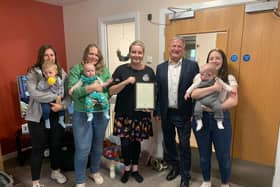 David Torrance MSP visited The Bairns Group.  From left to right, Rebecca and Peyton West, Samantha and Arron Reekie, Laura Dryburgh, David
Torrance MSP, with Emily and Alfie Kerr.