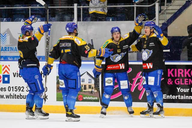 Brayden Sherbinen celebrates the first of his goals for Fife Flyers against Glasgow Clan (Pic: Jillian McFarlane)