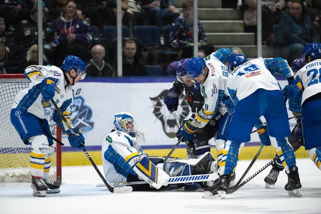 Andy Little in the thick of the action for Fife Flyers against Glasgow Clan (Pic: Al Goold)