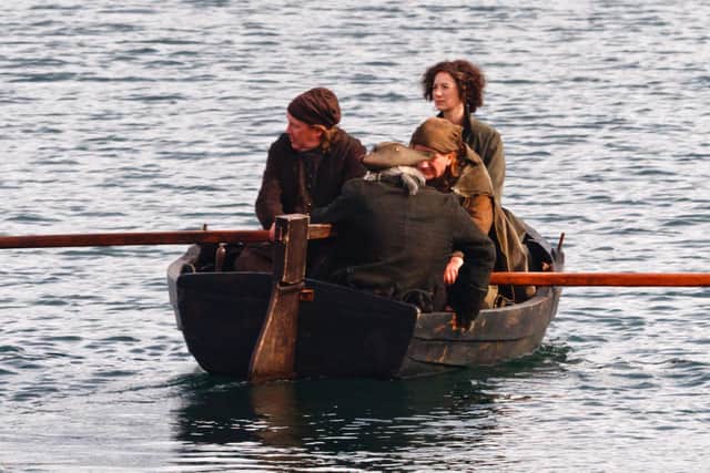 Outlander filming series 7 at Burntisland's East Dock, 7th April 2022. Photo by Michael Booth. 
Caitriona Balfe, who plays Claire Fraser, is pictured.