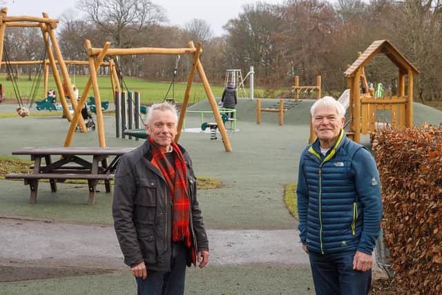 Unveiling the new playpark at Ravenscraig Park are Councillors Ian Cameron and Rod Kavanagh (Pic: Fife Council)