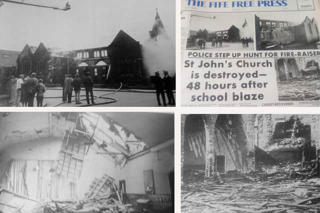 The extent of the damage to St John's Church in 1975 (Pic montage: Fife Free Press)