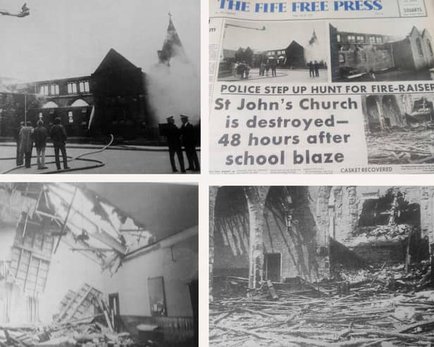 The extent of the damage to St John's Church in 1975 (Pic montage: Fife Free Press)