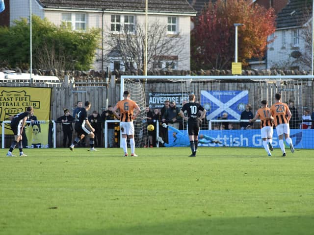 Dean Whitson scores from the penalty spot to put Dunbar United 1-0 up against East Fife at New Countess Park (Photo: Kenny Mackay)