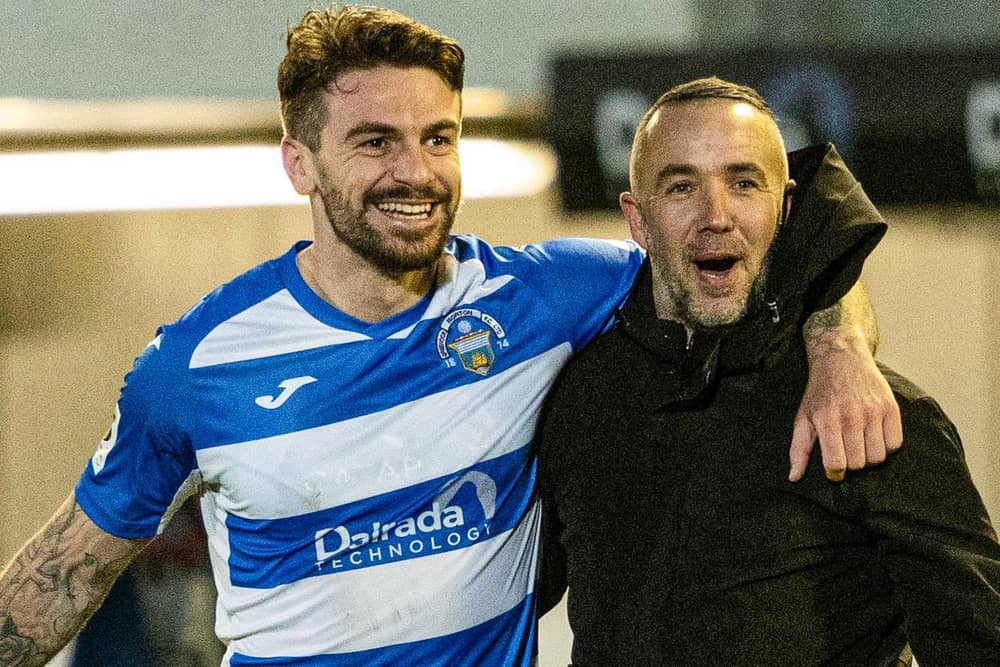 George Oakley and Dougie Imrie after helping Greenock Morton beat Motherwell 2-1 in Scottish Cup in February 2024 (Pic Craig Foy/SNS Group)