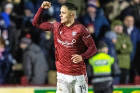 March 1, 2024: Arbroath 3-2 Raith Rovers. Mark Stowe celebrates scoring winner as hosts fight back from 2-0 down to goals by Zak Rudden and Josh Mullen to win with other strikes by Jay Bird and Leighton McIntosh (Pic Mark Scates/SNS)