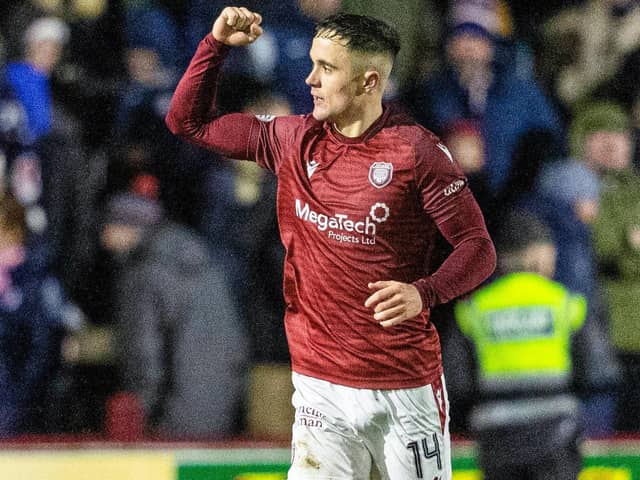 March 1, 2024: Arbroath 3-2 Raith Rovers. Mark Stowe celebrates scoring winner as hosts fight back from 2-0 down to goals by Zak Rudden and Josh Mullen to win with other strikes by Jay Bird and Leighton McIntosh (Pic Mark Scates/SNS)