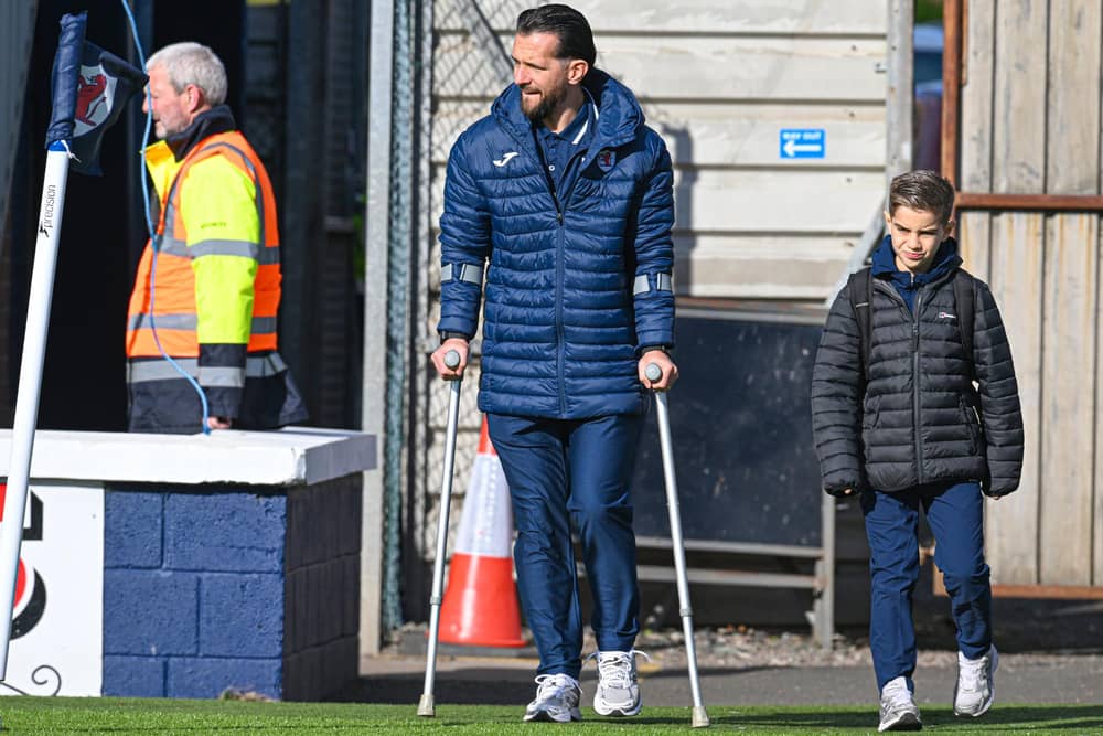 Raith's Dylan Easton arrives on crutches before last weekend's home fixture v Queen's Park (Pic Rob Casey/SNS Group)