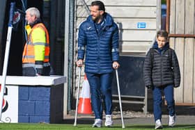 Raith's Dylan Easton arrives on crutches before last weekend's home fixture v Queen's Park (Pic Rob Casey/SNS Group)
