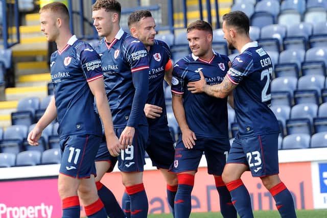 Lewis Vaughan being congratulated by team-mates after scoring Raith Rovers' second goal against Greenock Morton on Saturday (Pic: Fife Photo Agency)