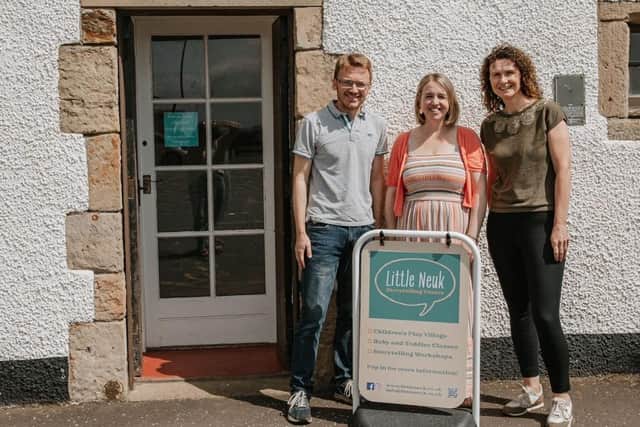 Andrew and Teresa Fynn with Wendy Chamberlain, North East Fife MP outside the Little Neuk Storytelling Centre which is now open.   (Pic: Jen McBride, Bear and Bee Photography)