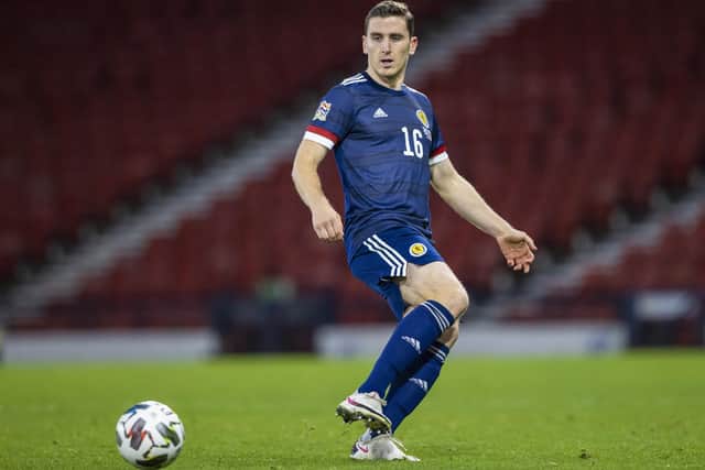 Paul Hanlon making his one senior Scotland appearance during a 1-0 Nations League win over Czech Republic at Hampden on October 14 2020 (Pic Craig Williamson/SNS)