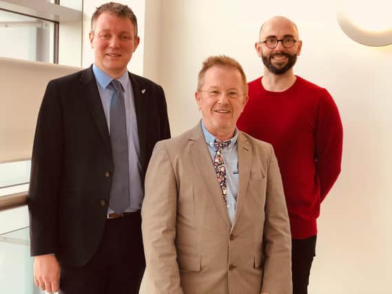 Iain Hawker,, Dougi McMillan (Fife College) with  Dr David Stevenson (Queen Margaret University) at the Glenrothes campus earlier this year.