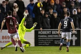LINLITHGOW, SCOTAND - JANUARY 24: Raith's Jamie Gullan chips the goal keeper but is ruled offside during a Scottish Cup fourth round match between Linlithgow Rose and Raith Rovers at Prestonfield, on January 24, 2023, in Linlithgow, Scotland. (Photo by Mark Scates / SNS Group)