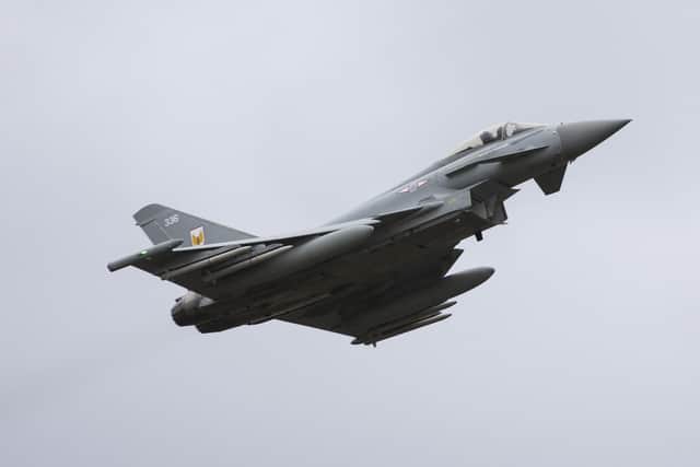 One of two Quick Reaction Alert (QRA) Typhoons that were scrambled from Leuchars Station in Fife on Wednesday morning to intercept two Russian Tu-160 Blackjack bombers that were detected by NATO air defence radars.