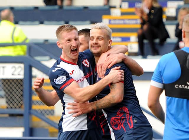 Kyle Benedictus (r) celebrates with Liam Dick after putting Raith 2-0 up against Partick Thistle. (Pic: Fife Photo Agency)