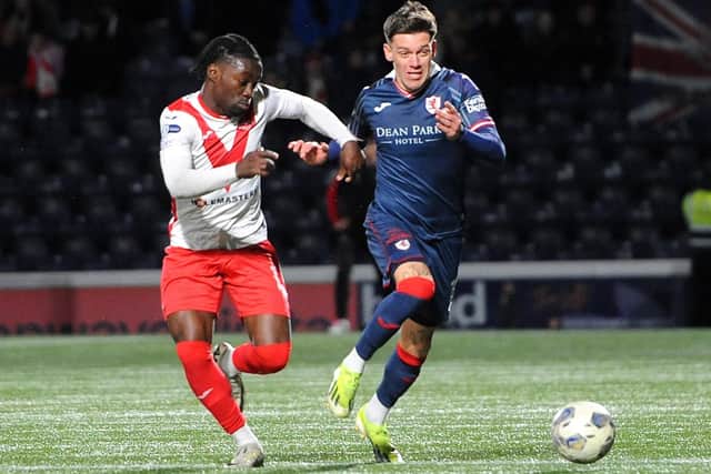 Despite a goal by Josh Mullin (pictured with Airdrieonians ace Kanayo Megwa), Raith Rovers went down to this 3-1 home loss to Airdrie in the sides' last meeting, a Scottish Championship encounter at Stark's Park on April 9. (Pic by Fife Photo Agency)