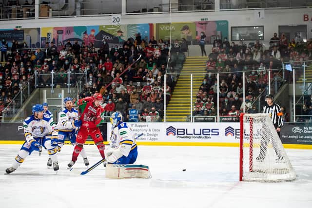 Shane Owen in the thick 0of the action against Cardiff Devils (PIc: James Assiden)