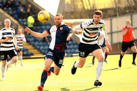 Matej Poplatnik has his shirt pulled by Ayr captain Sean McGinty during Raith's 4-0 home defeat. (Pic:  Fife Photo Agency)