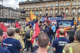 Around 30 firefighters from Fife attended the rally in Glasgow on Thursday.  (Pic: Gregg Campbell)