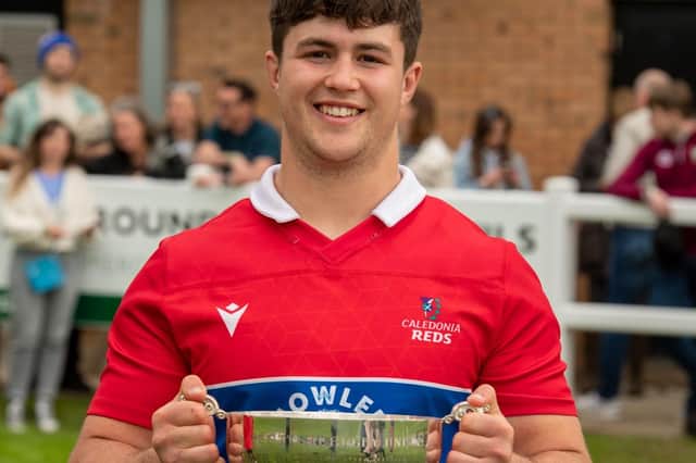 New Howe of Fife captain Fraser Allan celebrating helping Caledonia Reds win their first Scottish inter-district rugby championship for 23 years against South of Scotland at Braidholm in Glasgow on Sunday (Photo: Bryan Robertson)