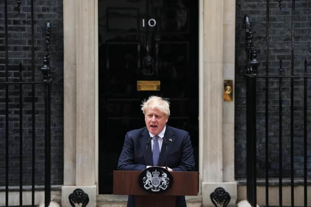 Prime Minister Boris Johnson addresses the nation as he announces his resignation outside 10 Downing Street  (Photo by Carl Court/Getty Images)