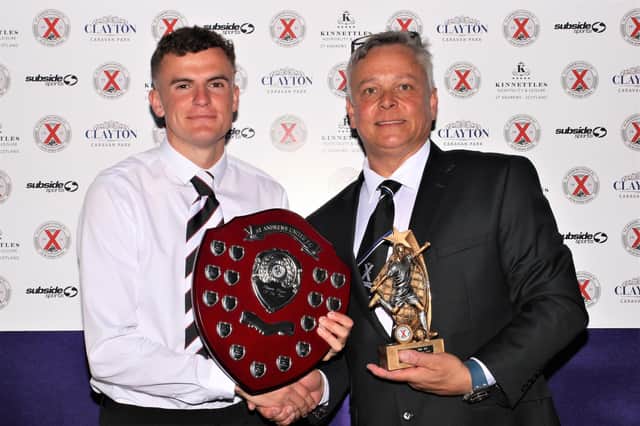 Lewis Sawers receiving his Players' Player of the Season prizes from Saints chairman Fraser Ogston (Pics by John Stevenson)