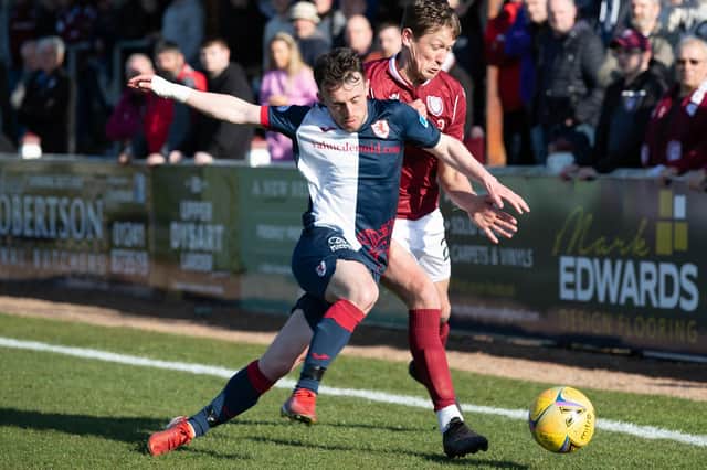 Raith Rovers winger Aidan Connolly vying for possession with Arbroath's James Craigen during their sides' last game, a 3-3 draw at Gayfield Park in March (Photo by Craig Brown/SNS Group)