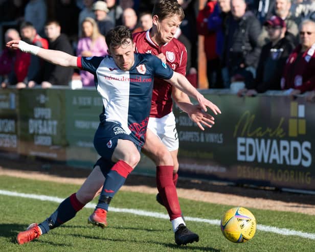 Raith Rovers winger Aidan Connolly vying for possession with Arbroath's James Craigen during their sides' last game, a 3-3 draw at Gayfield Park in March (Photo by Craig Brown/SNS Group)