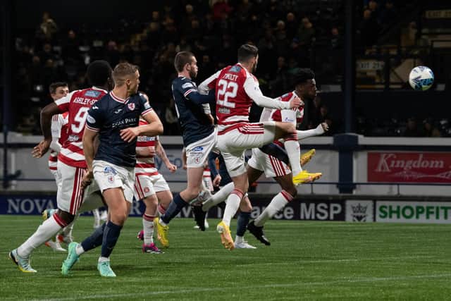 Hamilton's Steve Lawson scores an own goal to make it 1-0 Raith during a cinch Championship match between Raith Rovers and Hamilton  at Stark's Park, on April 04, 2023, in Kirkcaldy, Scotland. (Photo by Ross Parker / SNS Group)