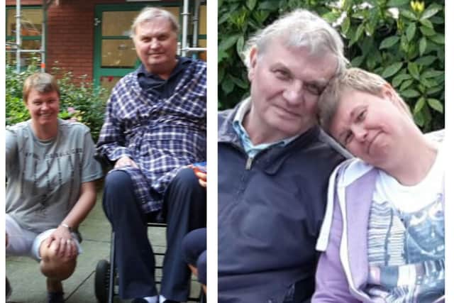 Catherine with her dad Tony in the garden at Walton hospital in Liverpool (left) and with him shortly after his diagnosis (Pics  Brain Tumour Research)
