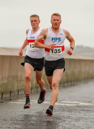 Alistair Gudgin and Ryan Lafferty running Friday's Kirkcaldy Prom two-mile race, finishing first in 9:36 and second in 9:43 respectively (Pic: Gordon Donnachie)