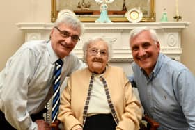Bice Valente, who celebrates her 100th birthday on Wednesday, with sons John & Franco (Pic: Fife Photo Agency)