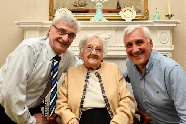 Bice Valente, who celebrates her 100th birthday on Wednesday, with sons John & Franco (Pic: Fife Photo Agency)