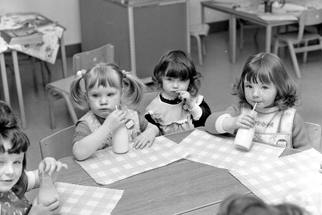 Girls drinking milk at the Pitteuchar Nursery School in Glenrothes
