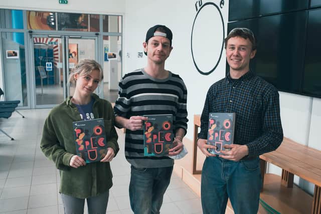 Furniture design students, Anna Matthews, John Hancock and Stephen Thompson promote Fife College’s 2022/23 prospectus at the Glenrothes campus.