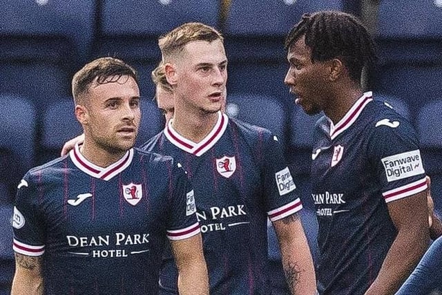 May 5, 2023: Raith Rovers 2-2 Partick Thistle. Raith's Lewis Vaughan (1st left) celebrates making it 1-1 with penalty after Darren Brownlie opener. Scott McGill puts Rovers 2-1 up before Scott Tiffoney leveller. (Pic Roddy Scott/SNS Group)