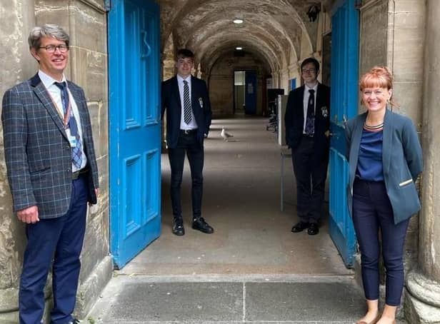 The last day at the old Madras. From left, Olav Darge, depute head teacher, head persons Callum Herzog and Joseph Usher, and rector Avril McNeil.