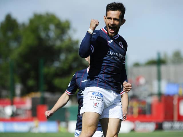 Dylan Easton celebrates scoring for Raith in 2-0 league win at Hamilton last August (Pic Alan Murray)