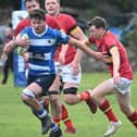 Howe of Fife in possession during their 48-38 loss at home to Stewart’s Melville at Cupar’s Duffus Park on Saturday (Photo: Chris Reekie)