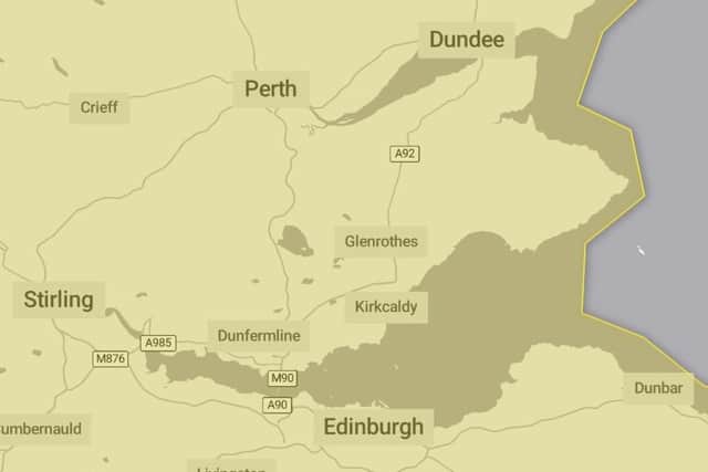 A yellow weather warning for snow and ice is in place across Fife and most of Scotland from midnight to 11.59pm on Tuesday, January 16, 2024.  (Pic: Met Office)
